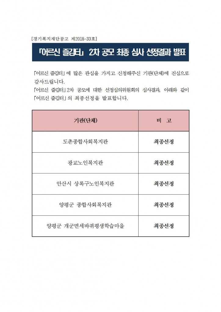 2018년 「어르신 즐김터」 2차공모 및 3차공모 선정기관 결과 발표001