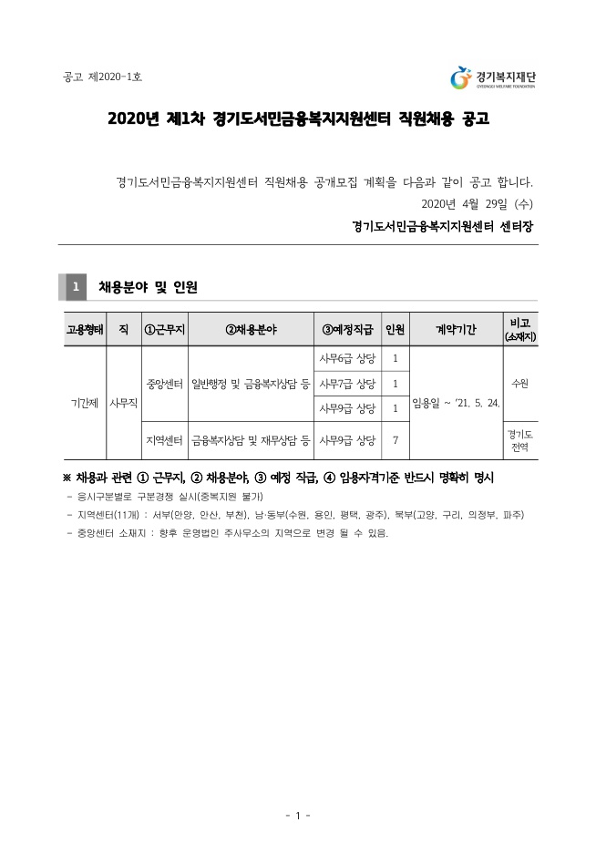 2020년 제1차 경기도서민금융복지지원센터 직원채용 공고_page1