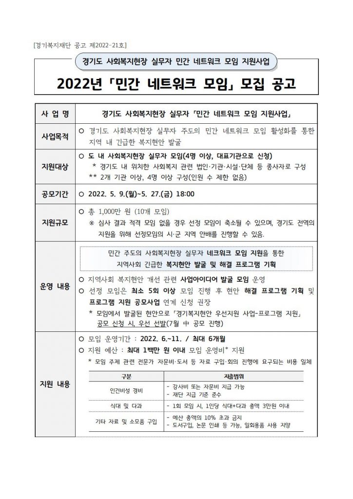 2022년 경기도 사회복지현장 실무자 「민간 네트워크 모임」 모집 공고문1